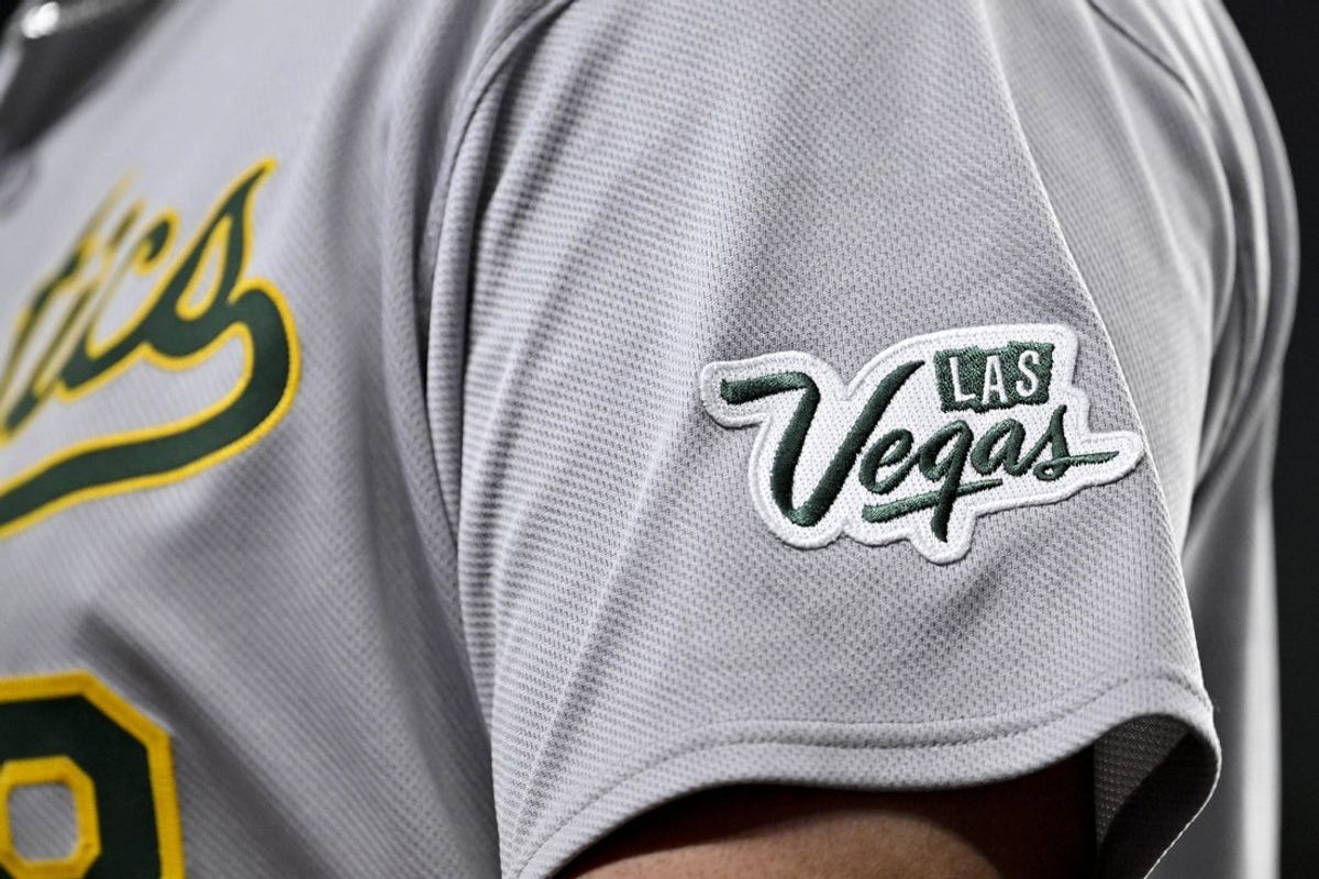May 1, 2025; Arlington, Texas, USA; A view of the Las Vegas patch on an Athletics jersey before the game between the Texas Rangers and the Athletics at Globe Life Field. Mandatory Credit: Jerome Miron-Imagn Images