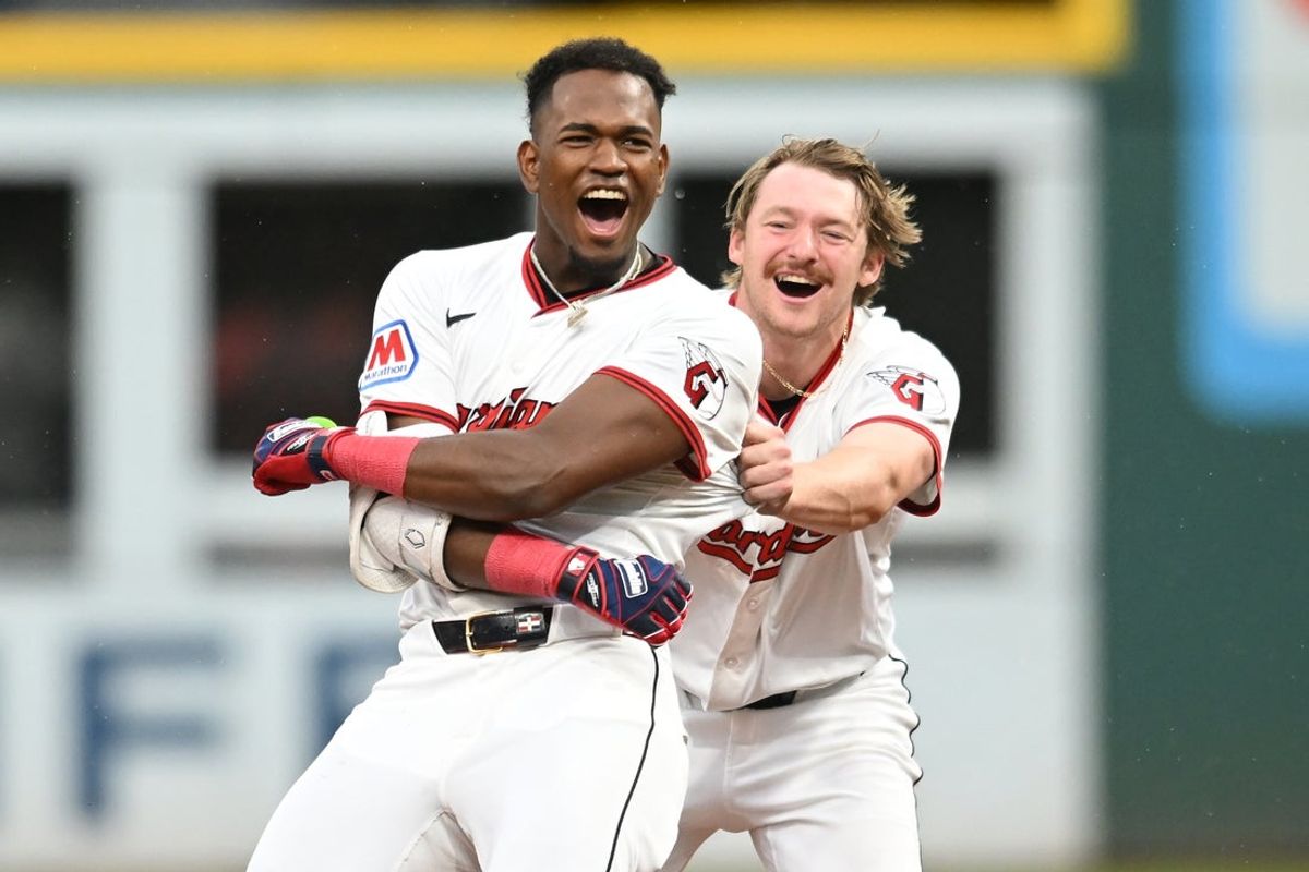 May 1, 2025; Cleveland, Ohio, USA; Cleveland Guardians center fielder Angel Martinez (1) celebrates with first baseman Kyle Manzardo (9) after hitting a game-winning RBI single during the tenth inning against the Minnesota Twins at Progressive Field. Mandatory Credit: Ken Blaze-Imagn Images