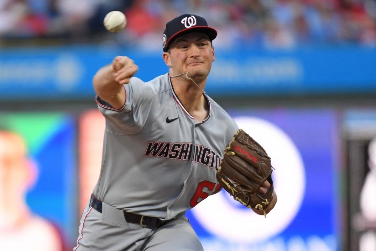 May 1, 2025; Philadelphia, Pennsylvania, USA; Washington Nationals pitcher Brad Lord (61) throws a pitch during the first inning against the Philadelphia Phillies at Citizens Bank Park. Mandatory Credit: Eric Hartline-Imagn Images