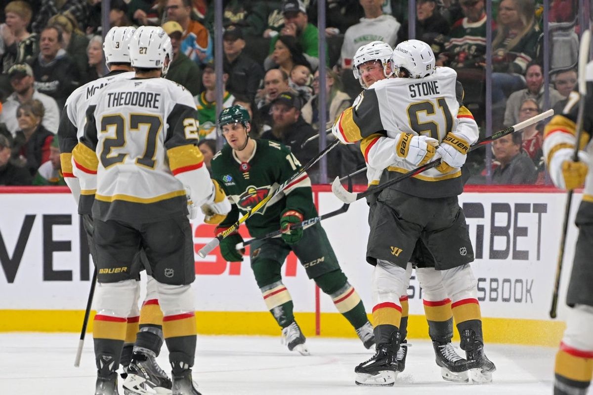 May 1, 2025; Saint Paul, Minnesota, USA;  Vegas Golden Knights forward Jack Eichel (9) celebrates his goal against the Minnesota Wild with forward Mark Stone (61) during the second period in game six of the first round of the 2025 Stanley Cup Playoffs at Xcel Energy Center. Mandatory Credit: Nick Wosika-Imagn Images