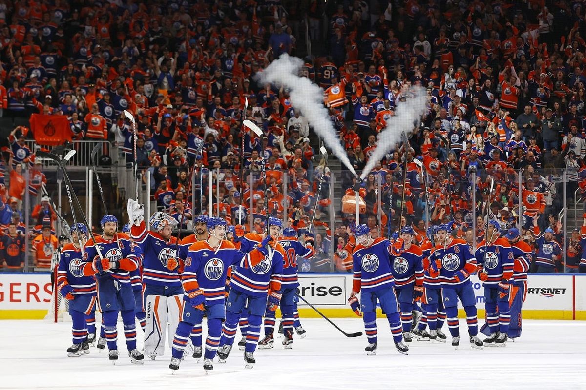 May 1, 2025; Edmonton, Alberta, CAN; The Edmonton Oilers celebrate eliminating the Los Angeles Kings in game six of the first round of the 2025 Stanley Cup Playoffs at Rogers Place. Mandatory Credit: Perry Nelson-Imagn Images