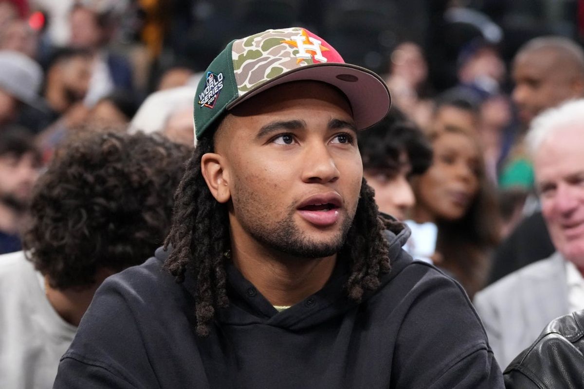 May 1, 2025; Inglewood, California, USA; Houston Texans quarterback C.J. Stroud attends game six of first round for the 2025 NBA Playoffs between the Denver Nuggets and the LA Clippers at Intuit Dome. Mandatory Credit: Kirby Lee-Imagn Images