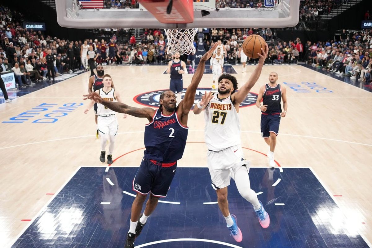May 1, 2025; Inglewood, California, USA; Denver Nuggets guard Jamal Murray (27) shoots the ball against LA Clippers forward Kawhi Leonard (2) in the second half during game six of first round for the 2025 NBA Playoffs at Intuit Dome. Mandatory Credit: Kirby Lee-Imagn Images