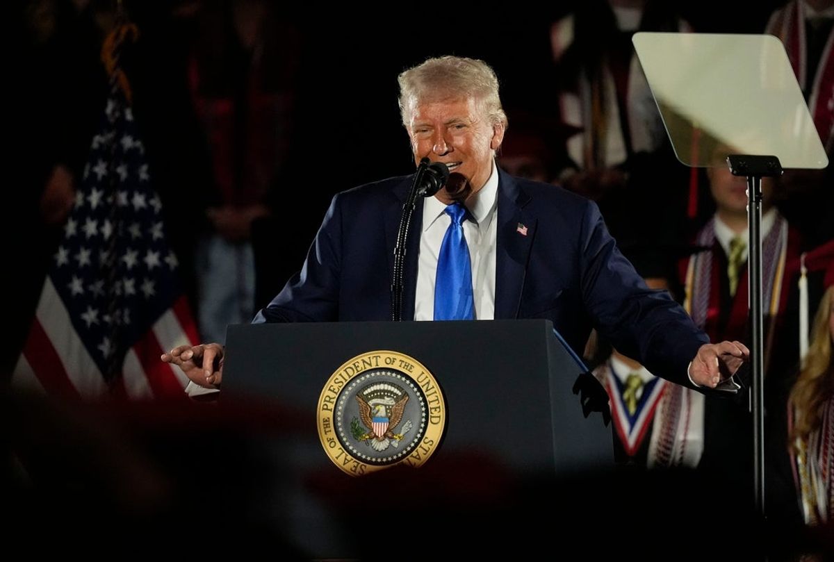 May 1, 2025; Tuscaloosa, AL, USA; President Donald Trump delivers a special commencement address to University of Alabama graduates at Coleman Coliseum. Graduation occurs over the weekend. Mandatory Credit: Gary Cosby Jr.-Tuscaloosa News
