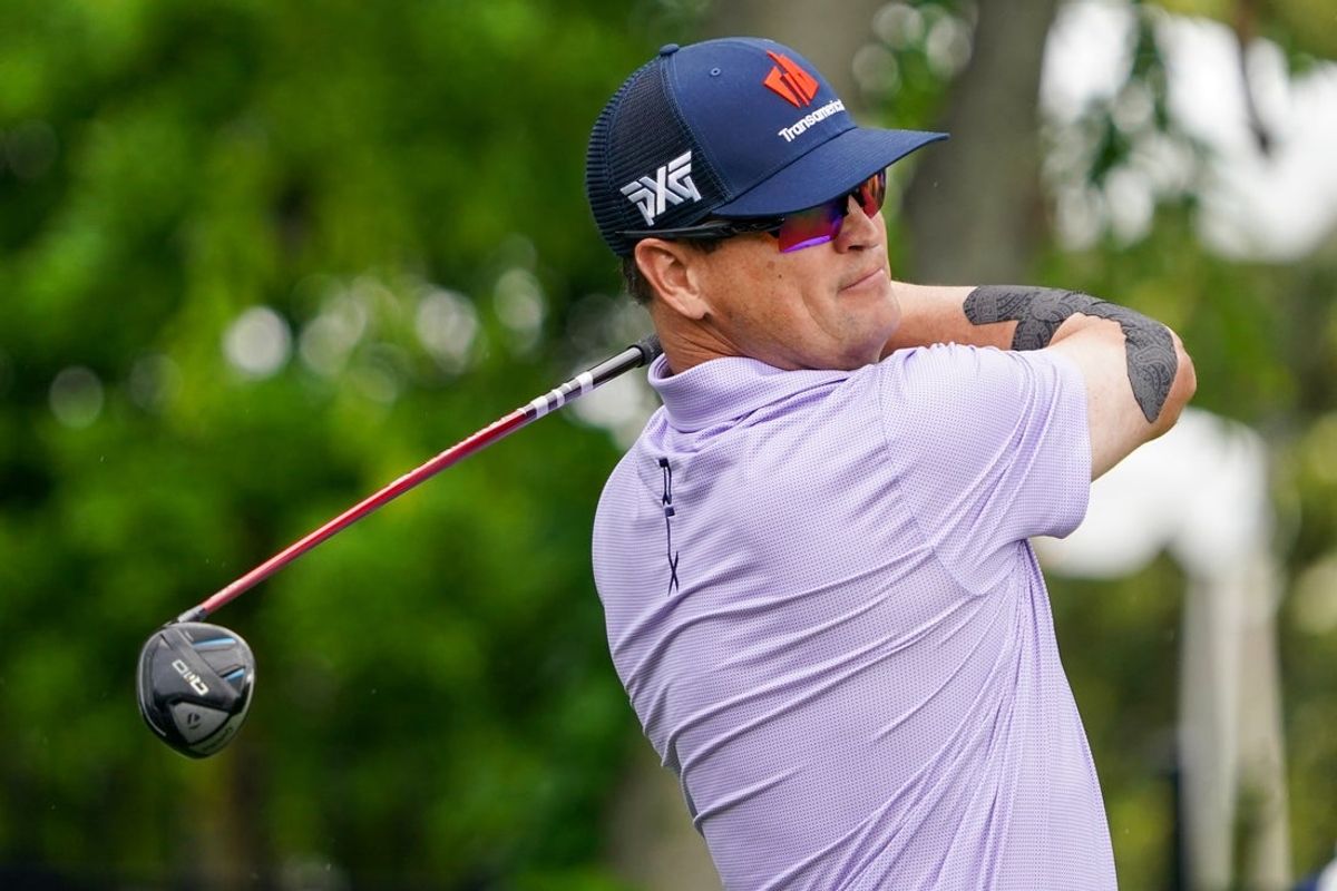 May 2, 2025; McKinney, Texas, USA; Zach Johnson plays his shot from the sixth tee during the second round of the THE CJ CUP Byron Nelson golf tournament. Mandatory Credit: Raymond Carlin III-Imagn Images