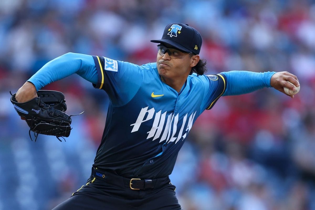 May 2, 2025; Philadelphia, Pennsylvania, USA; Philadelphia Phillies pitcher Jesús Luzardo (44) pitches against the Arizona Diamondbacks during the first inning at Citizens Bank Park. Mandatory Credit: Bill Streicher-Imagn Images