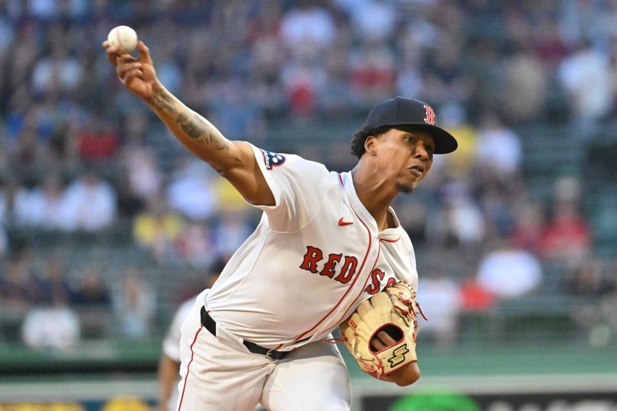 May 2, 2025; Boston, Massachusetts, USA; Boston Red Sox starting pitcher Brayan Bello (66) pitches against the Minnesota Twins  during the first inning at Fenway Park. Mandatory Credit: Eric Canha-Imagn Images