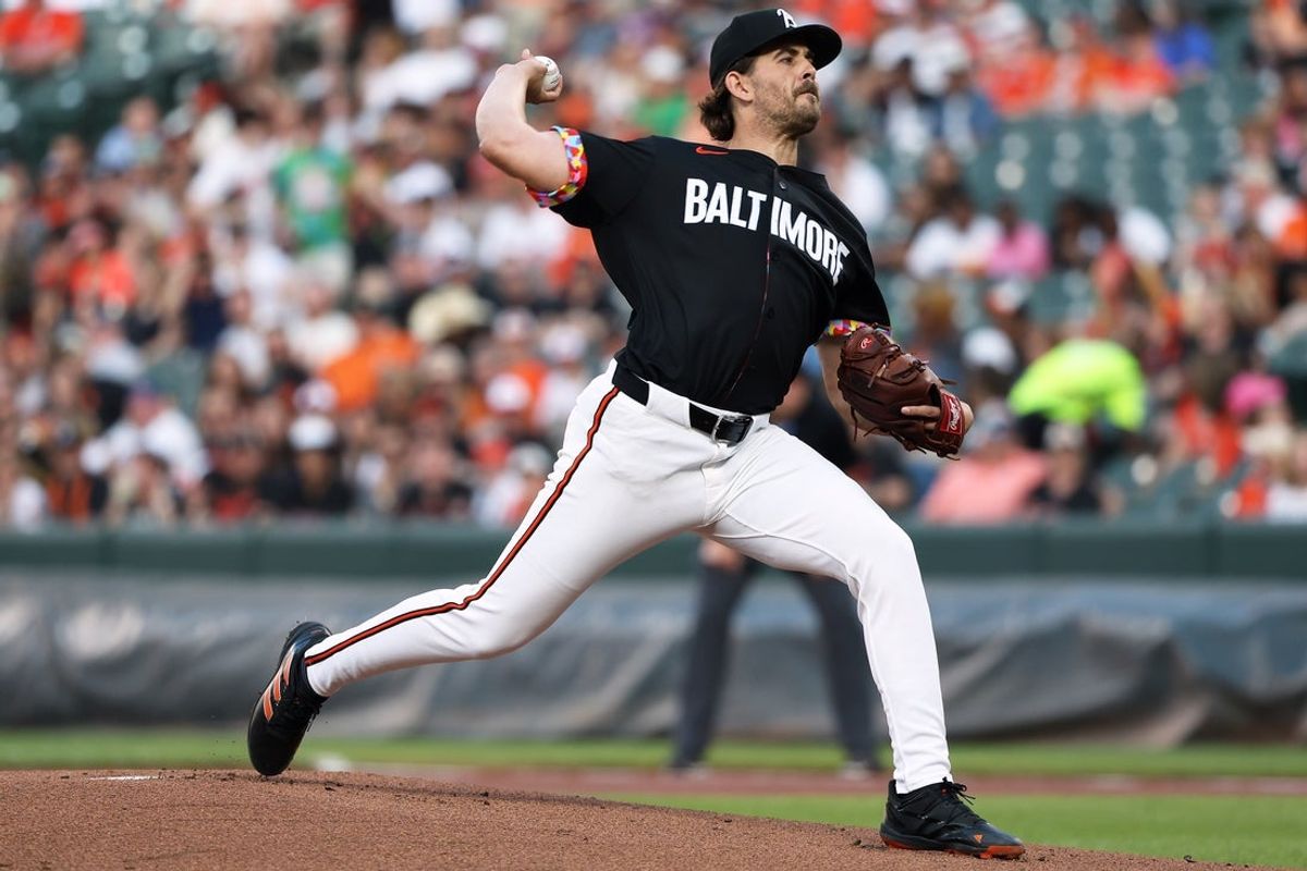 May 2, 2025; Baltimore, Maryland, USA; Baltimore Orioles pitcher Dean Kremer (64) throws the ball during the first inning against the Kansas City Royals at Oriole Park at Camden Yards. Mandatory Credit: Daniel Kucin Jr.-Imagn Images