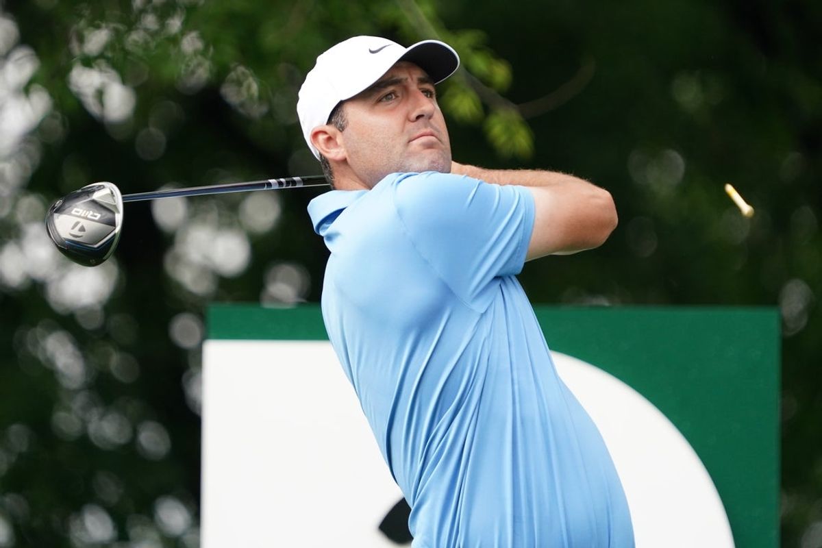 May 2, 2025; McKinney, Texas, USA; Scottie Scheffler plays his shot from the second tee during the second round of the THE CJ CUP Byron Nelson golf tournament. Mandatory Credit: Raymond Carlin III-Imagn Images