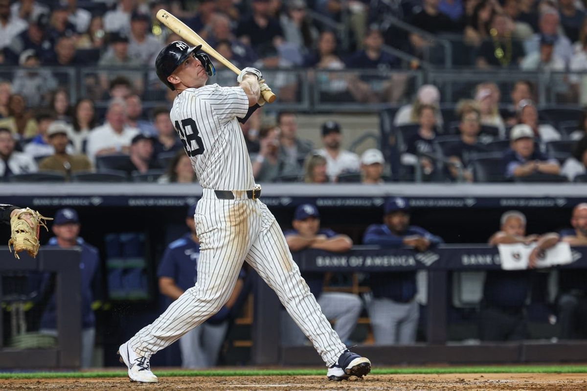 May 2, 2025; Bronx, New York, USA; New York Yankees first baseman Paul Goldschmidt (48) hits a three run home run during the fifth inning against the Tampa Bay Rays at Yankee Stadium. Mandatory Credit: Vincent Carchietta-Imagn Images