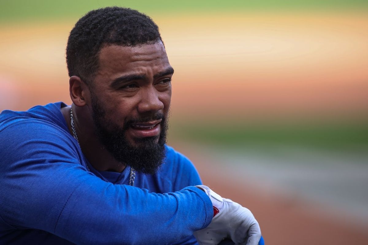 May 2, 2025; Atlanta, Georgia, USA;  Los Angeles Dodgers right fielder Teoscar Hernandez (37) during batting practice before a game against the Atlanta Braves at Truist Park. Mandatory Credit: Brett Davis-Imagn Images