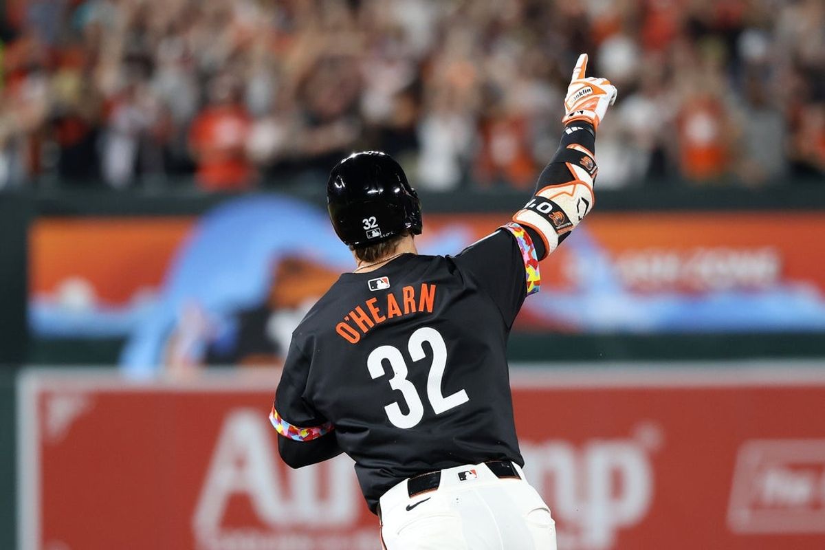 May 2, 2025; Baltimore, Maryland, USA; Baltimore Orioles first baseman Ryan O'Hearn (32) celebrates after hitting a home run during the seventh inning against the Kansas City Royals at Oriole Park at Camden Yards. Mandatory Credit: Daniel Kucin Jr.-Imagn Images