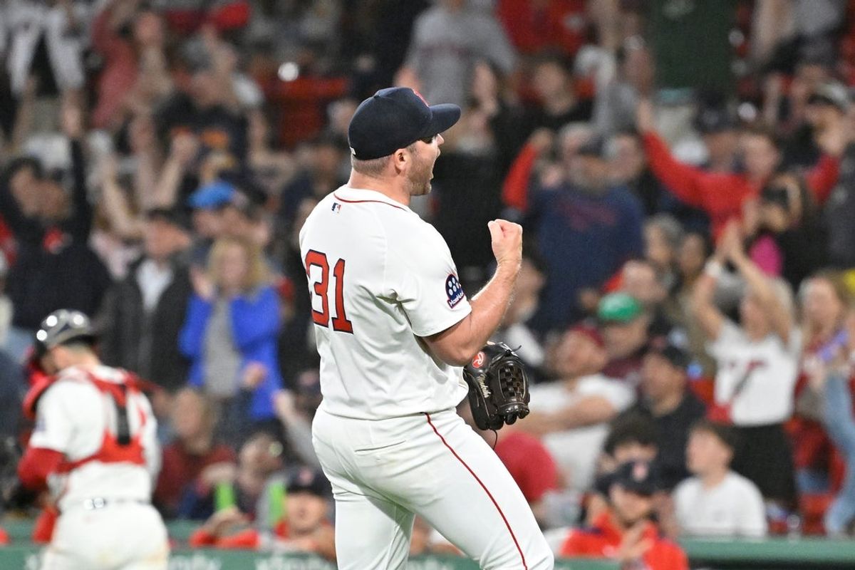 May 2, 2025; Boston, Massachusetts, USA; Boston Red Sox relief pitcher Liam Hendriks (31) reacts to beating the Minnesota Twins at Fenway Park. Mandatory Credit: Eric Canha-Imagn Images