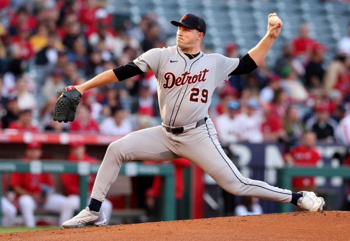 May 2, 2025; Anaheim, California, USA; Detroit Tigers pitcher Tarik Skubal (29) throws during the 1st inning against the Los Angeles Angels at Angel Stadium. Mandatory Credit: Jason Parkhurst-Imagn Images