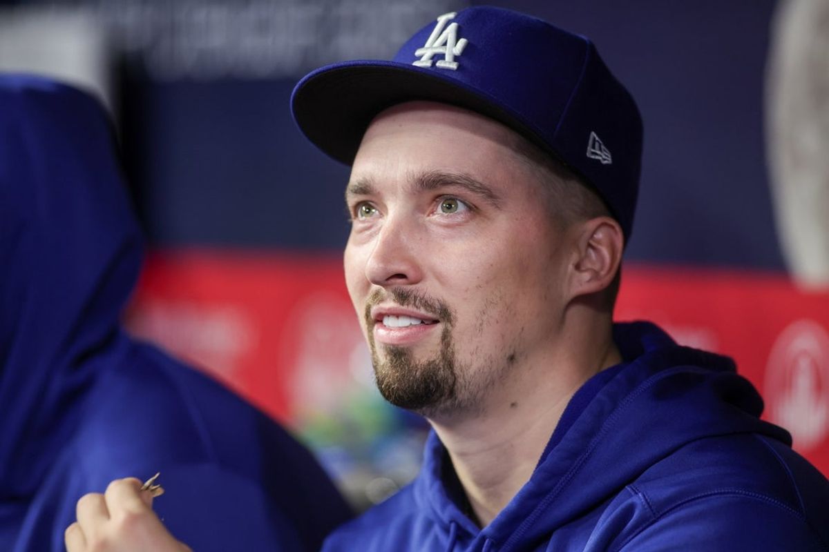 May 2, 2025; Atlanta, Georgia, USA; Los Angeles Dodgers starting pitcher Blake Snell (7) on the bench against the Atlanta Braves in the ninth inning at Truist Park. Mandatory Credit: Brett Davis-Imagn Images
