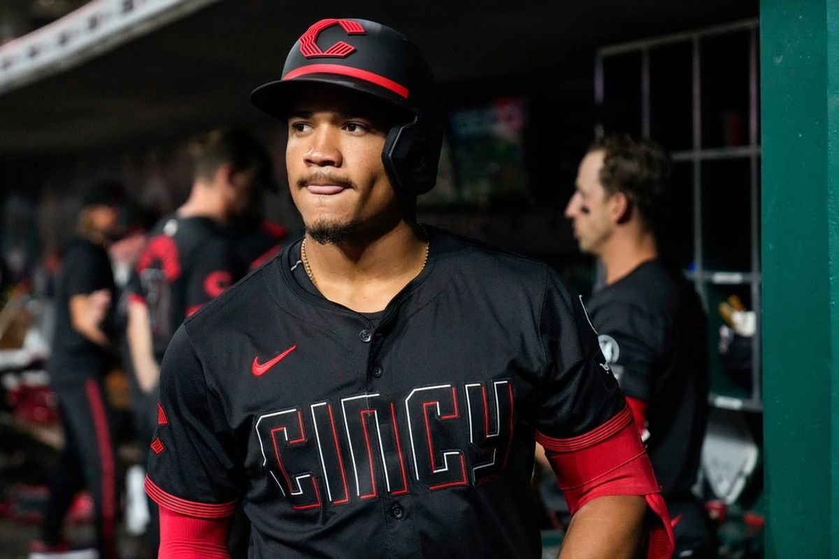 Cincinnati Reds third baseman Noelvi Marte (16) prepares to bat in the seventh inning of the MLB National League game between the Cincinnati Reds and the Washington Nationals at Great American Ball Park in downtown Cincinnati on Friday, May 2, 2025.