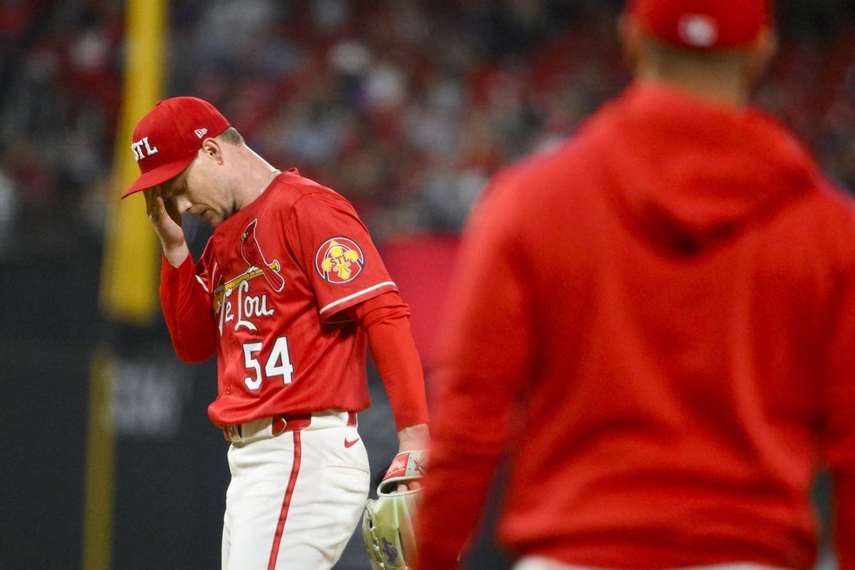 May 2, 2025; St. Louis, Missouri, USA;  St. Louis Cardinals starting pitcher Sonny Gray (54) waits on the mound as manager Oliver Marmol (37) walks out to remove him from the game against the New York Mets during the fifth inning at Busch Stadium. Mandatory Credit: Jeff Curry-Imagn Images