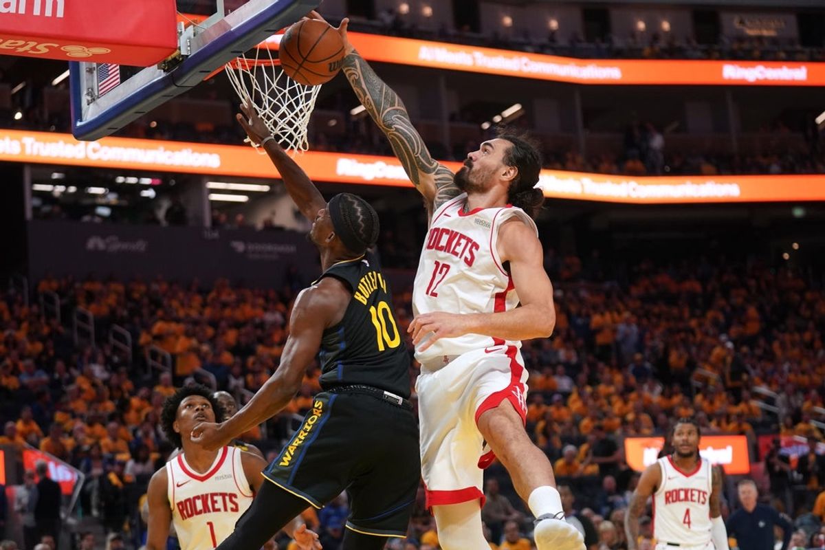 May 2, 2025; San Francisco, California, USA; Golden State Warriors forward Jimmy Butler III (10) has his shot blocked by Houston Rockets center Steven Adams (12) in the third quarter of game six of the first round for the 2025 NBA Playoffs at Chase Center. Mandatory Credit: Cary Edmondson-Imagn Images