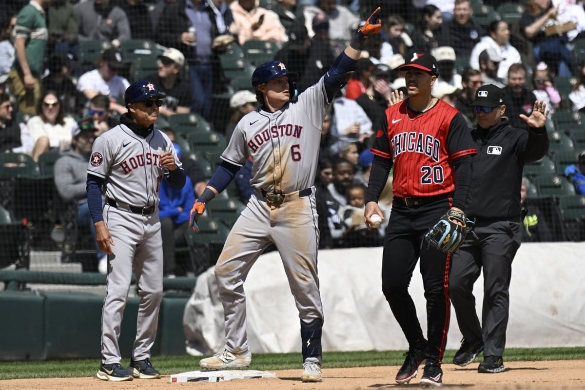 May 3, 2025; Chicago, Illinois, USA;  Houston Astros outfielder Jake Meyers (6) points after he hits a two RBI triple against the Chicago White Sox during the fourth inning at Rate Field. Mandatory Credit: Matt Marton-Imagn Images
