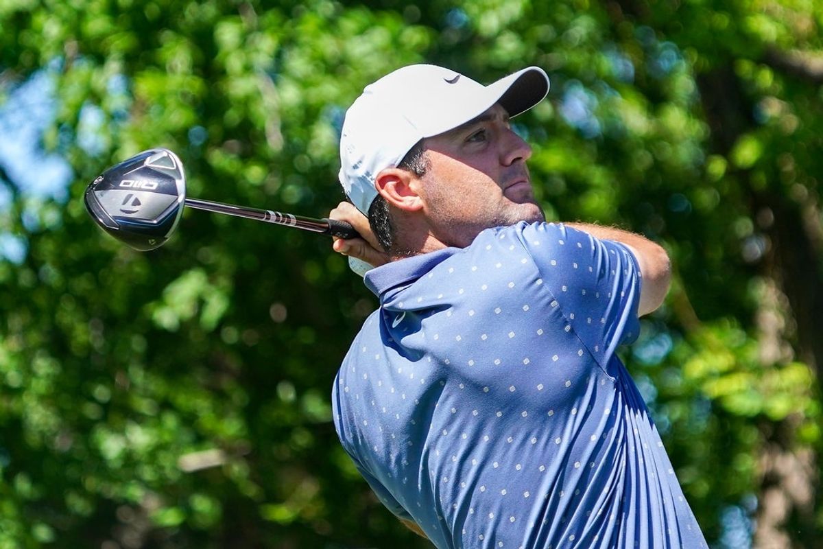 May 3, 2025; McKinney, Texas, USA; Scottie Scheffler plays his shot from the second tee during the third round of the THE CJ CUP Byron Nelson golf tournament. Mandatory Credit: Raymond Carlin III-Imagn Images