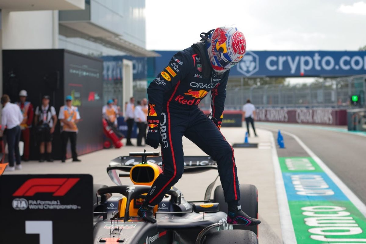 May 3, 2025; Miami Gardens, FL, USA; Red Bull driver Max Verstappen (1) exits his car after winning the pole during qualifying for the F1 Miami Grand Prix at Miami International Autodrome. Mandatory Credit: Sam Navarro-Imagn Images