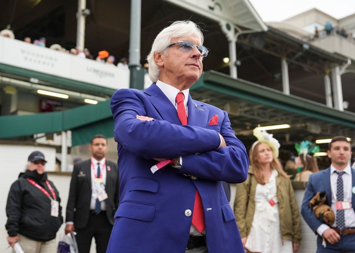 Trainer Bob Baffert watches race 10 near the chute to the track as he waits for the 2025 Kentucky Derby at Churchill Downs in Louisville, Kentucky. He has Citizen Bull in the Derby, his first time back at Churchill Downs in three years. May 3, 2025 Mandatory Credit: Matt Stone/USA TODAY NETWORK via Imagn Images