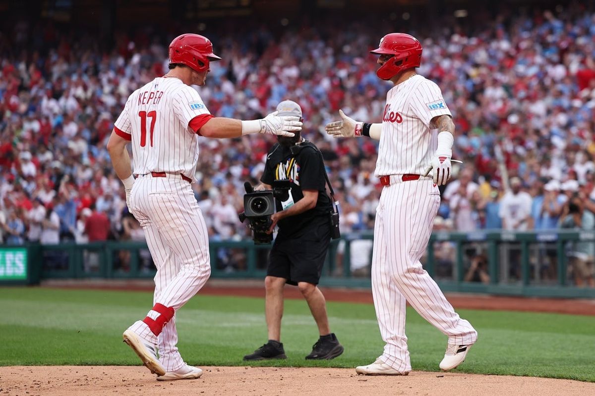 May 3, 2025; Philadelphia, Pennsylvania, USA; Philadelphia Phillies outfielder Max Kepler (17) celebrates his two RBI home run with outfielder Nick Castellanos (8) during the second inning against the Arizona Diamondbacks at Citizens Bank Park. Mandatory Credit: Bill Streicher-Imagn Images