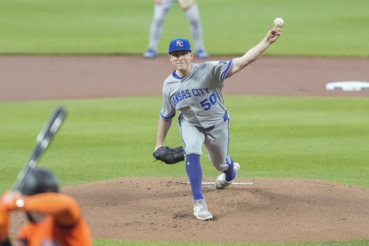 May 3, 2025; Baltimore, Maryland, USA; Kansas City Royals pitcher Kris Bubic (50) delivers a pitch against the Baltimore Orioles during the first inning at Oriole Park at Camden Yards. Mandatory Credit: Gregory Fisher-Imagn Images