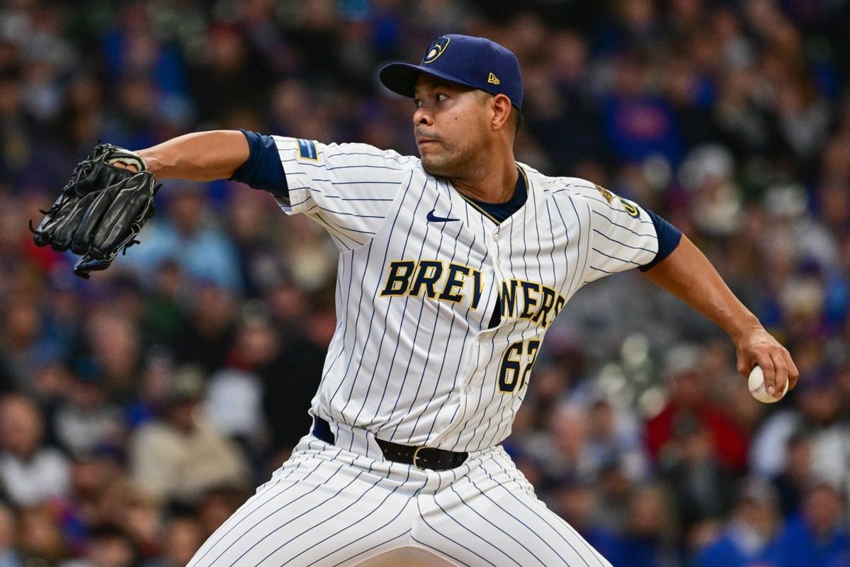 May 3, 2025; Milwaukee, Wisconsin, USA;  Milwaukee Brewers starting pitcher Jose Quintana (62) throws a pitch in the first inning against the Chicago Cubs at American Family Field. Mandatory Credit: Benny Sieu-Imagn Images