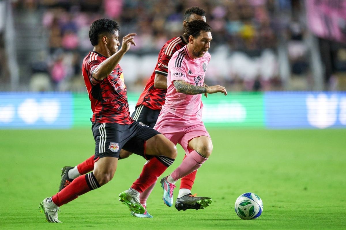 May 3, 2025; Fort Lauderdale, Florida, USA; Inter Miami CF forward Lionel Messi (10) controls the ball against the New York Red Bulls in the first half at Chase Stadium. Mandatory Credit: Nathan Ray Seebeck-Imagn Images