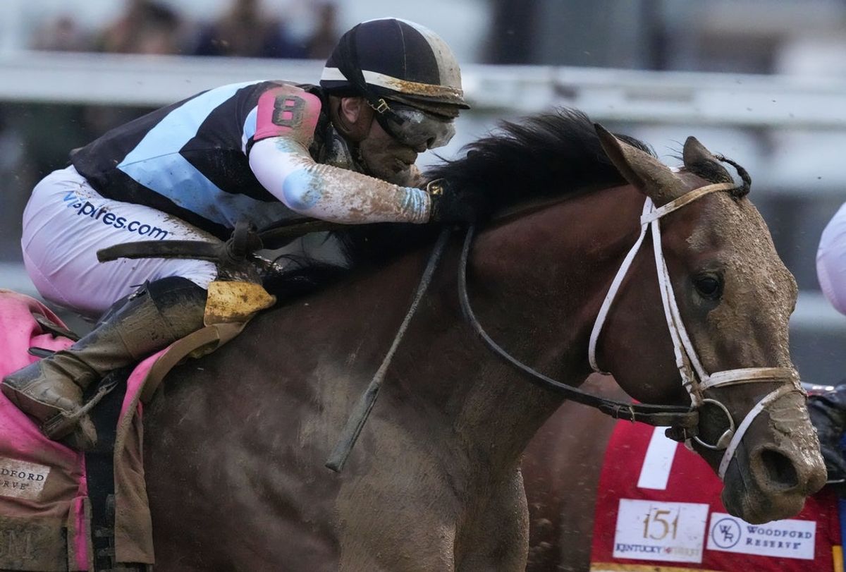 Journalism with Umberto Rispoli up make their into the front stretch Saturday, May 3, 2025, during of the 151st running of the Kentucky Derby at Churchill Downs in Louisville.