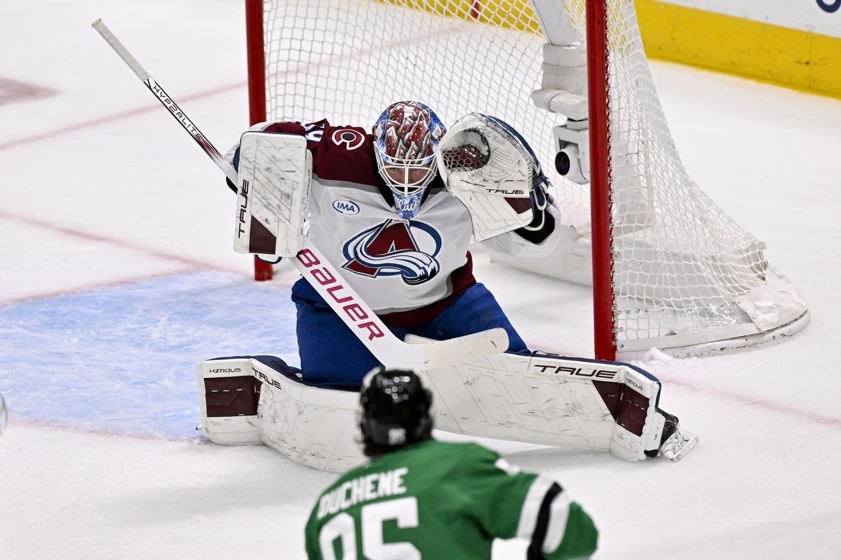 May 3, 2025; Dallas, Texas, USA; Colorado Avalanche goaltender Mackenzie Blackwood (39) stops a shot by Dallas Stars center Matt Duchene (95) during the second period in game seven of the first round of the 2025 Stanley Cup Playoffs at American Airlines Center. Mandatory Credit: Jerome Miron-Imagn Images