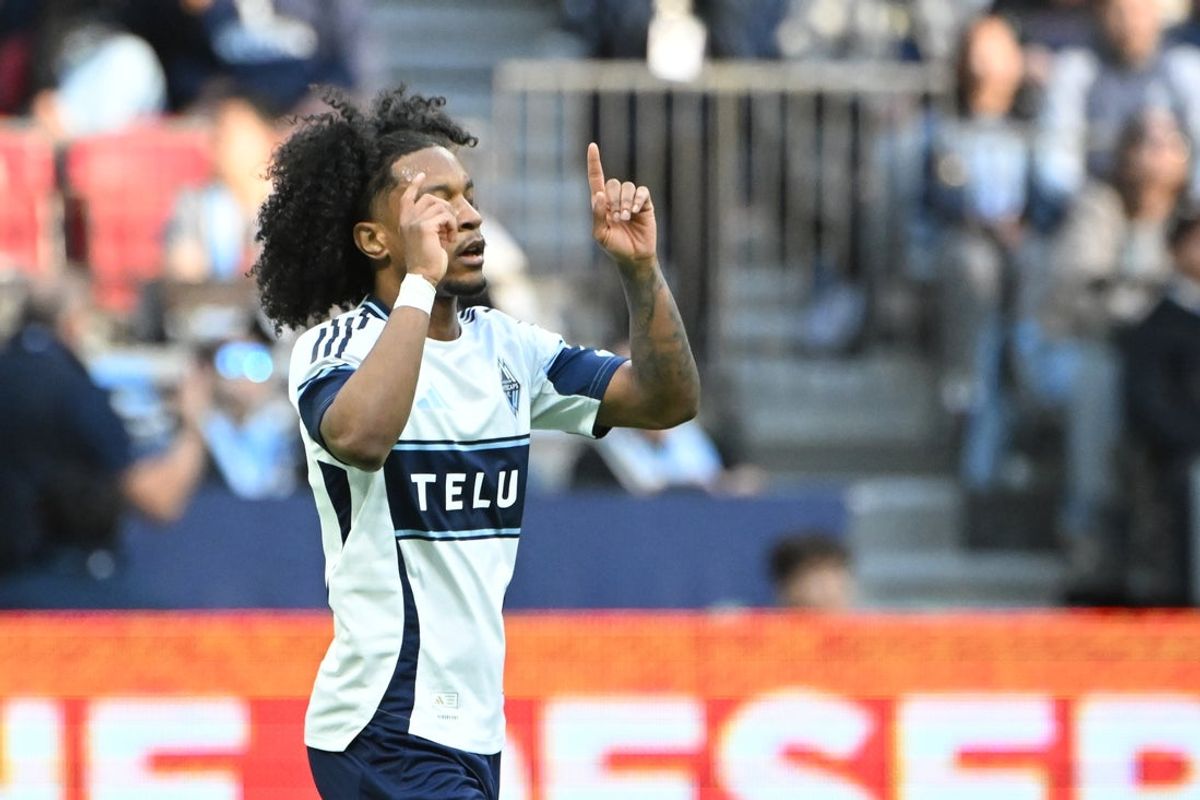 May 3, 2025; Vancouver, British Columbia, CAN;  Vancouver Whitecaps FC forward Jayden Nelson (7) celebrates scoring during the first half against Real Salt Lake at BC Place. Mandatory Credit: Simon Fearn-Imagn Images