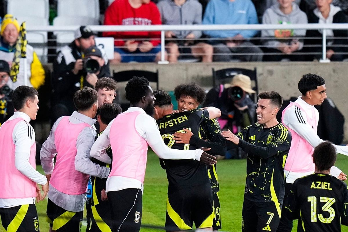 Columbus Crew forward Jacen Russell-Rowe (19) celebrates after scoring a goal in the second half at Lower.com Field on Saturday, May 3, 2025 in Columbus, Ohio.