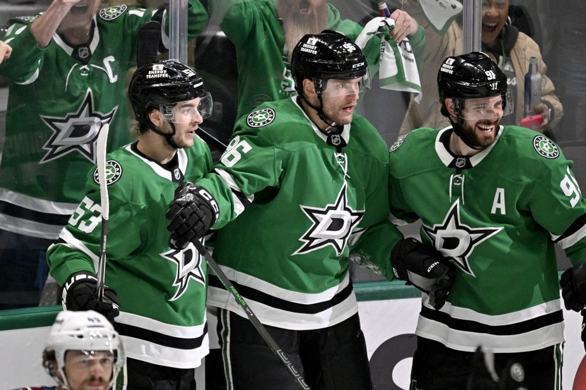 May 3, 2025; Dallas, Texas, USA; Dallas Stars right wing Mikko Rantanen (96) and center Tyler Seguin (91) and center Wyatt Johnston (53) celebrates the game tying goal goal scored by Rantanen against the Colorado Avalanche during the third period in game seven of the first round of the 2025 Stanley Cup Playoffs at American Airlines Center. Mandatory Credit: Jerome Miron-Imagn Images