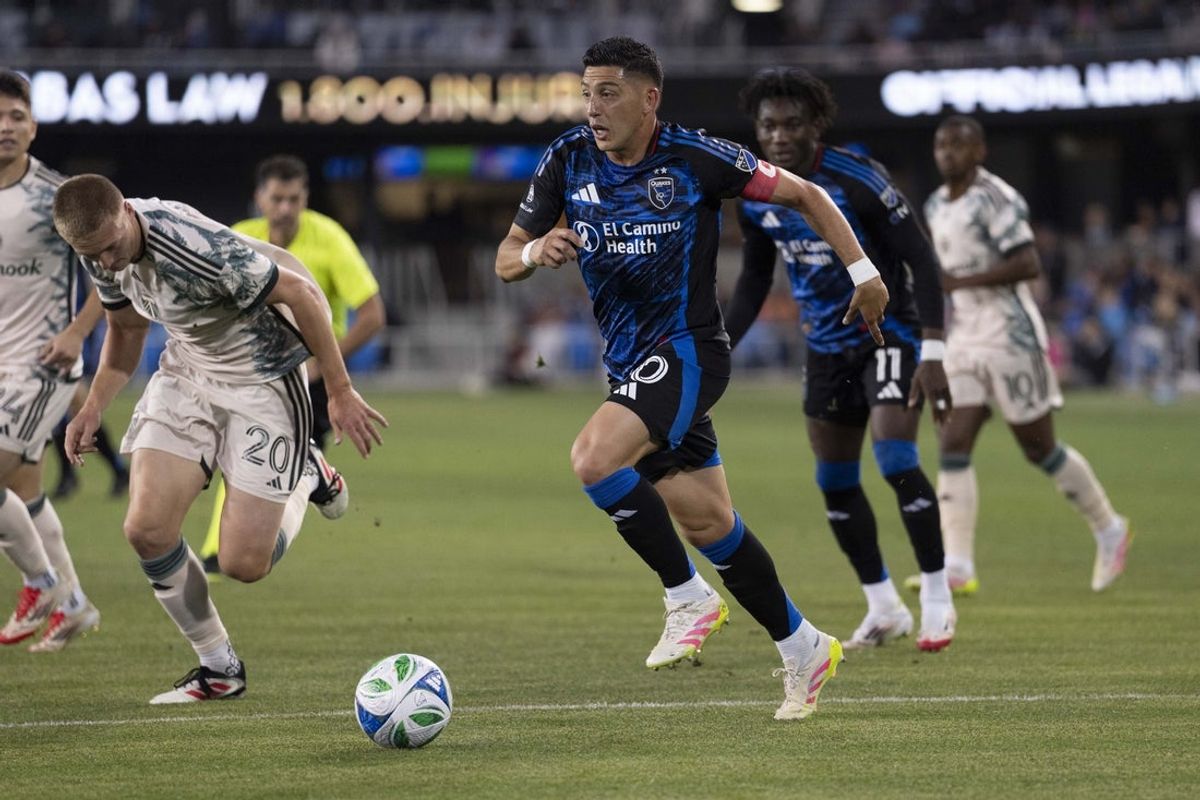 May 3, 2025; San Jose, California, USA;  San Jose Earthquakes forward Cristian Espinoza (10) controls the ball during the first half against the Portland Timbers at PayPal Park. Mandatory Credit: Stan Szeto-Imagn Images