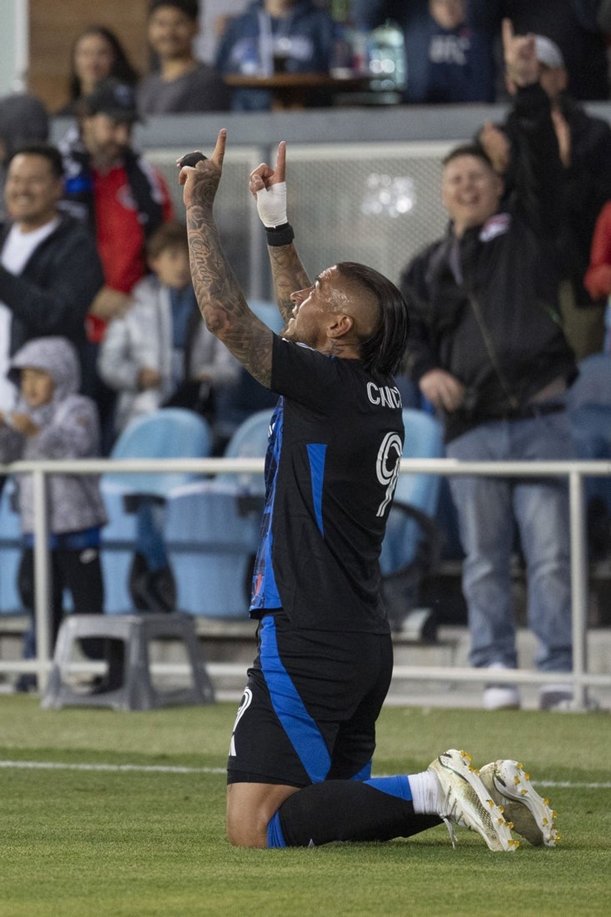 May 3, 2025; San Jose, California, USA; San Jose Earthquakes forward Cristian Arango (9) reacts after scoring a goal during the first half against the Portland Timbers at PayPal Park. Mandatory Credit: Stan Szeto-Imagn Images