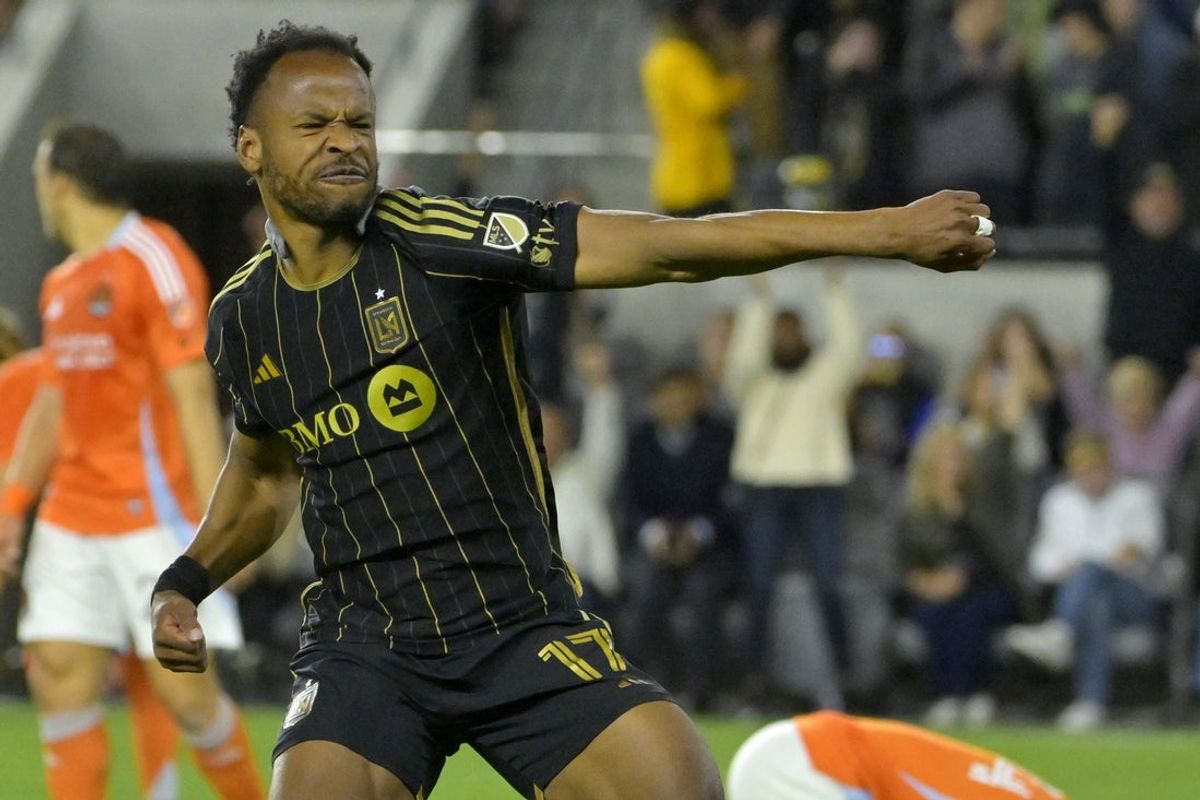 May 3, 2025; Los Angeles, California, USA; LAFC forward Jeremy Ebobisse (17) celebrates after scoring a goal in the second half against the Houston Dynamo at BMO Stadium. Mandatory Credit: Jayne Kamin-Oncea-Imagn Images