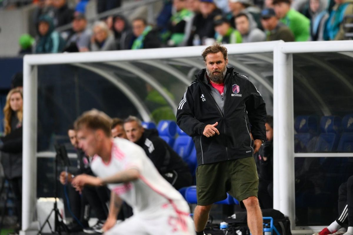 May 3, 2025; Seattle, Washington, USA; St. Louis City FC head coach Olof Mellberg during the second half against the Seattle Sounders FC at Lumen Field. Mandatory Credit: Steven Bisig-Imagn Images