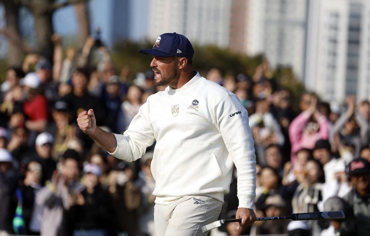[US, Mexico & Canada customers only] May 4, 2025; Incheon, SOUTH KOREA;  Bryson DeChambeau reacts to making a putt during the final round of play at LIV Golf Korea at Jack Nicklaus Golf Club. Mandatory Credit: Kim Soo-Hyeon/Reuters via Imagn Images