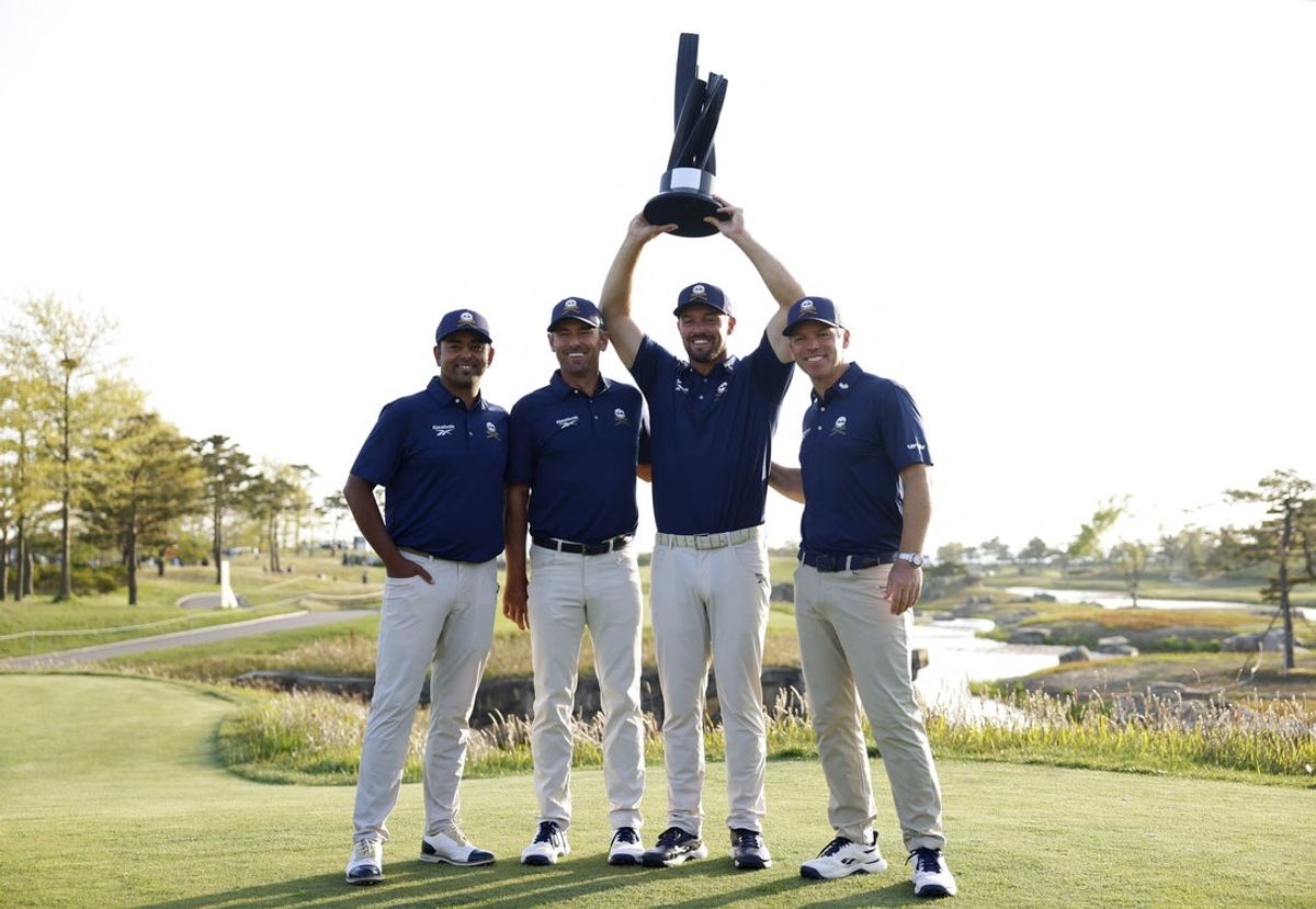 [US, Mexico & Canada customers only] May 4, 2025; Incheon, SOUTH KOREA;  Crushers GC's Bryson DeChambeau, Charles Howell III, Anirban Lahiri and Paul Casey pose for a photograph and celebrate winning the team trophy at LIV Golf Korea at Jack Nicklaus Golf Club. Mandatory Credit: Kim Soo-Hyeon/Reuters via Imagn Images