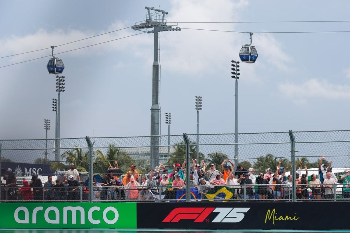 May 4, 2025; Miami Gardens, FL, USA; Fans react while watching a race during the F1 Miami Grand Prix at Miami International Autodrome. Mandatory Credit: Sam Navarro-Imagn Images