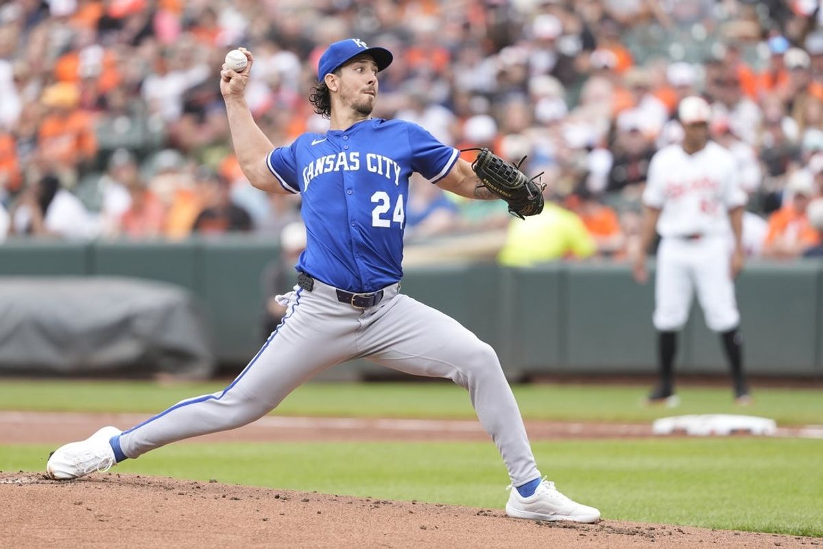 May 4, 2025; Baltimore, Maryland, USA; Kansas City Royals pitcher Michael Lorenzen (24) delivers a pitch against the Baltimore Orioles during the first inning at Oriole Park at Camden Yards. Mandatory Credit: Gregory Fisher-Imagn Images