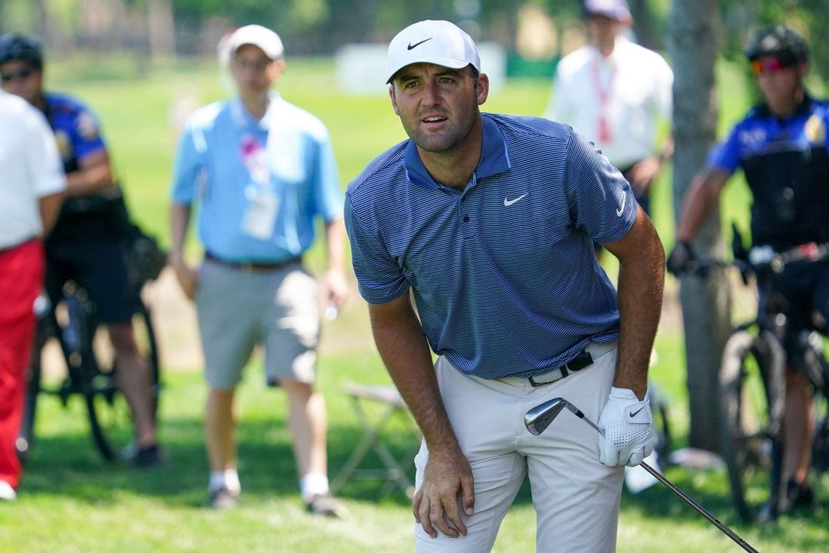 May 4, 2025; McKinney, Texas, USA; Scottie Scheffler watches his shot on the fifth hole during the final round of the THE CJ CUP Byron Nelson golf tournament. Mandatory Credit: Raymond Carlin III-Imagn Images