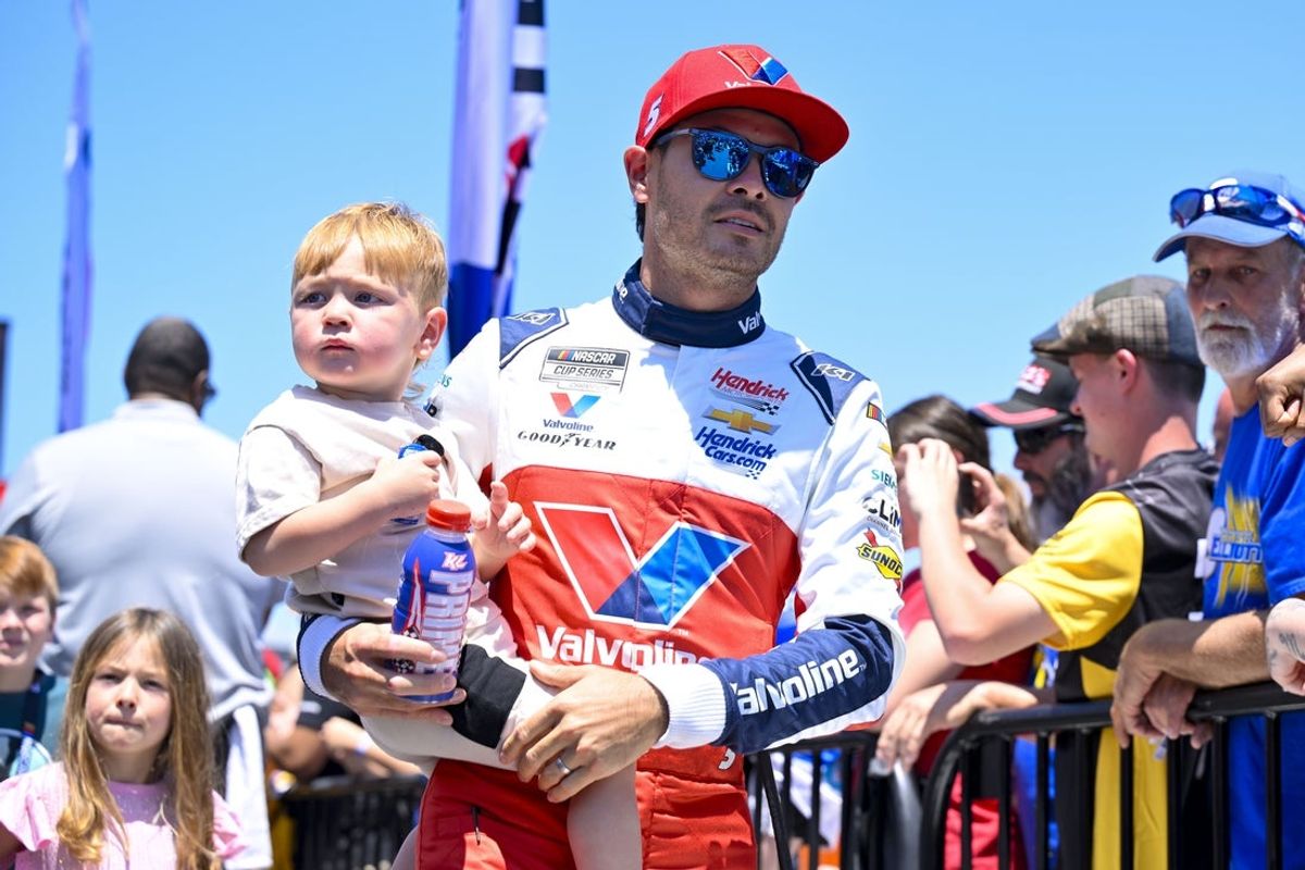 May 4, 2025; Fort Worth, Texas, USA; NASCAR Cup Series driver Kyle Larson (5) is introduced before the start of the Wurth 400 race at Texas Motor Speedway. Mandatory Credit: Jerome Miron-Imagn Images