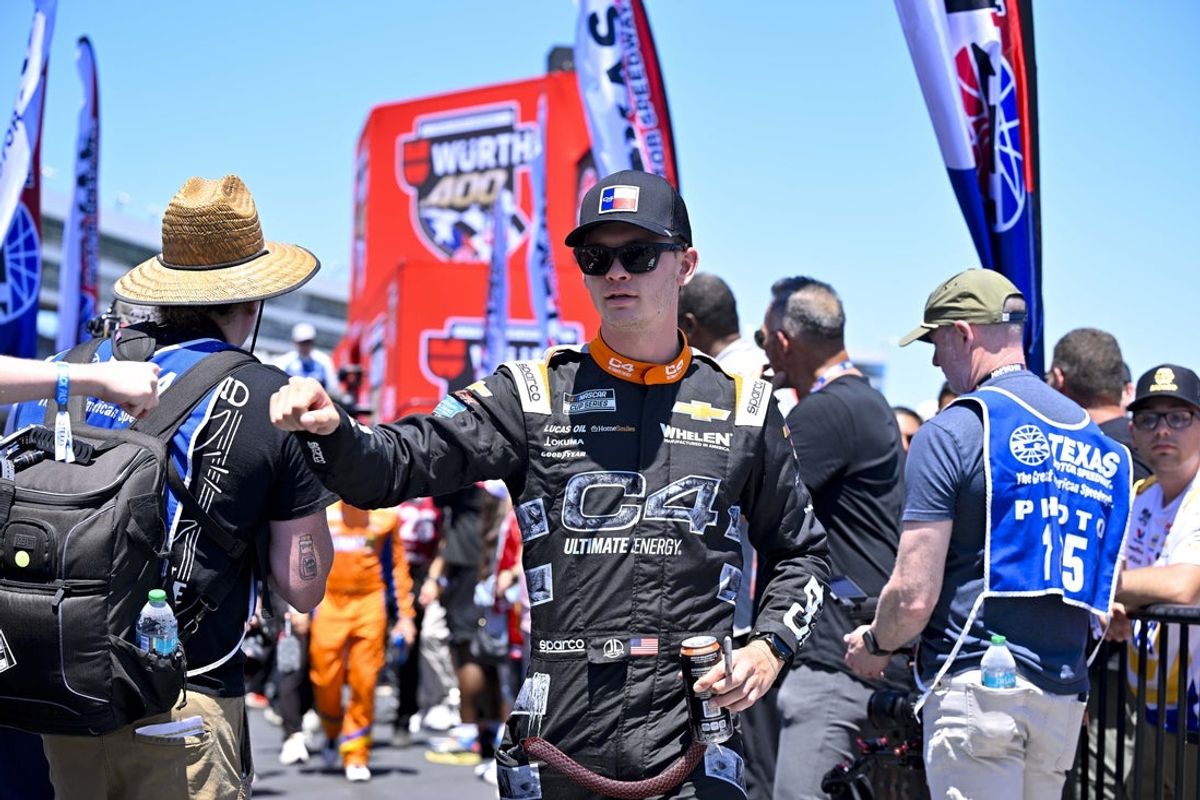 May 4, 2025; Fort Worth, Texas, USA; NASCAR Cup Series driver Jesse Love (62) is introduced before the start of the Wurth 400 race at Texas Motor Speedway. Mandatory Credit: Jerome Miron-Imagn Images
