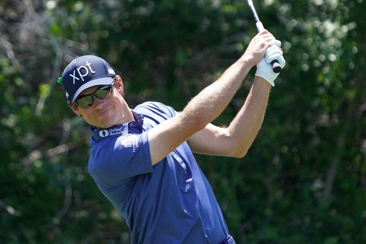 May 4, 2025; McKinney, Texas, USA; Adam Schenk plays his shot from the third tee during the final round of the THE CJ CUP Byron Nelson golf tournament. Mandatory Credit: Raymond Carlin III-Imagn Images