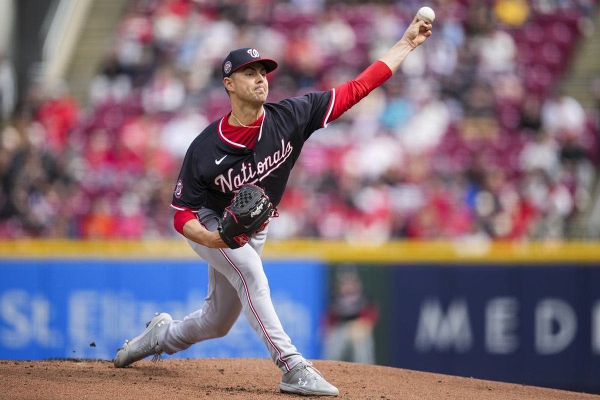 May 4, 2025; Cincinnati, Ohio, USA;  Washington Nationals pitcher MacKenzie Gore (1) throws against the Cincinnati Reds in the first inning inning at Great American Ball Park. Mandatory Credit: Aaron Doster-Imagn Images