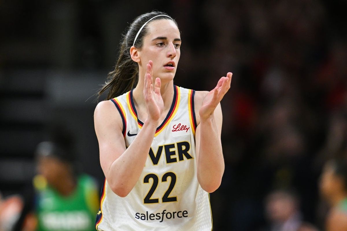 May 4, 2025; Iowa City, IA, USA; Indiana Fever guard Caitlin Clark (22) reacts during the first quarter against the Brazil National Team at Carver-Haweye Arena. Mandatory Credit: Jeffrey Becker-Imagn Images