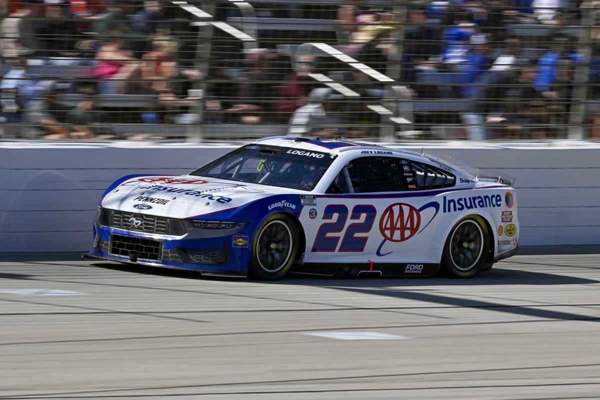 May 4, 2025; Fort Worth, Texas, USA; NASCAR Cup Series driver Joey Logano (22) drives during the Wurth 400 race at Texas Motor Speedway. Mandatory Credit: Jerome Miron-Imagn Images